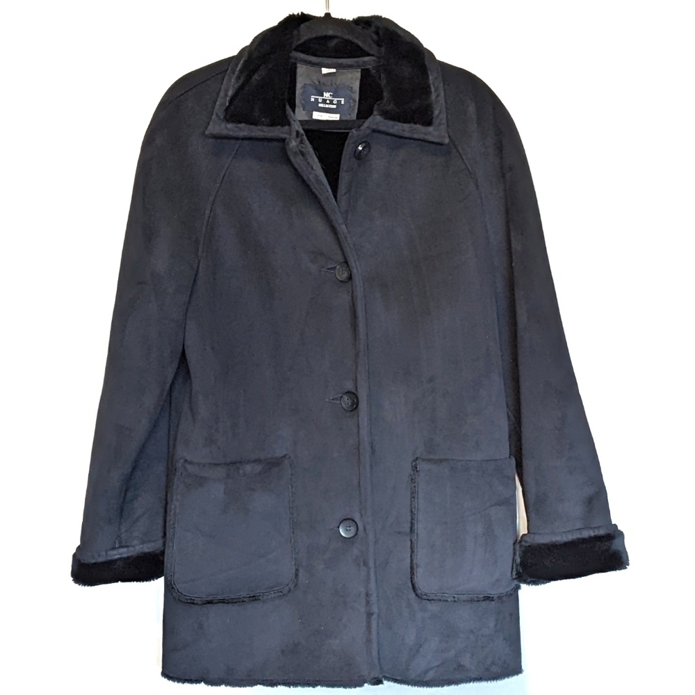 Vintage Faux Suede Chore Coat Fur Trim Black pockets sz M